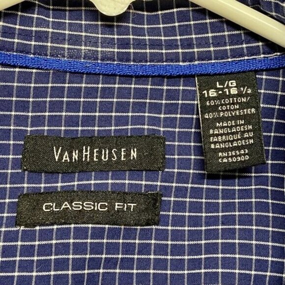 Van Heusen Shirt Men's Large Short Sleeve Classic Fit Button Down Navy Grid EUC - Picture 3 of 5
